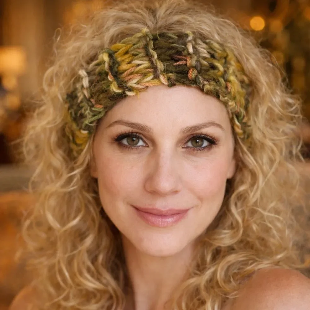 Handmade three strand mohair and wool brown green gold coral cream moss headband